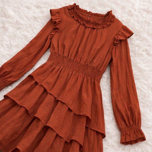 Grace Karin Burnt Orange Boho Ruffle Dress Size XXL | Tiered Midi Smocked Waist - Picture 3 of 4
